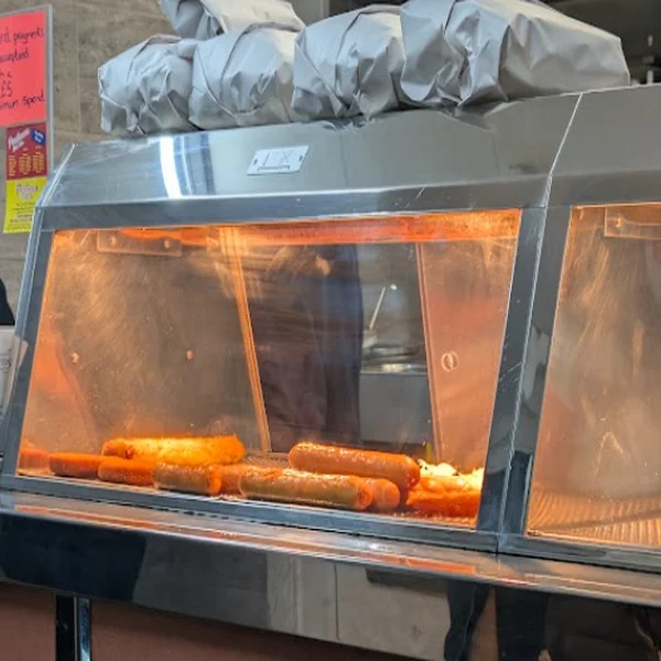 Heated display with battered sausages